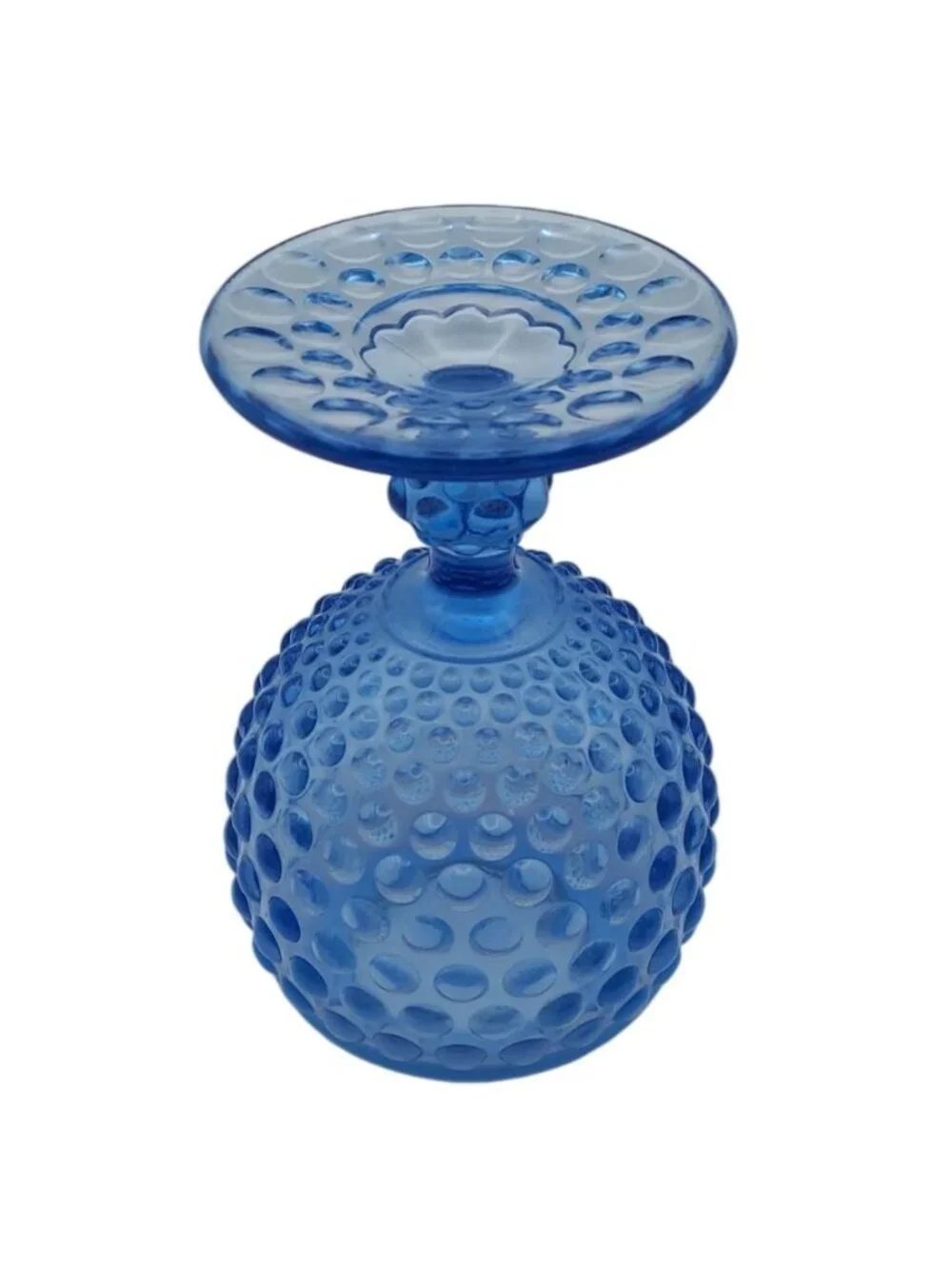 Imperial Glass Ball Pedestal Vase Blue Opalescent Hobnail Rose Bowl Vintage